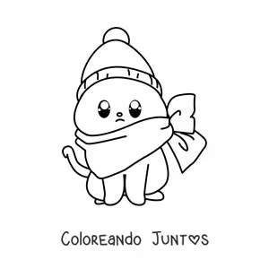 Imagen para colorear de gato kawaii con sombrero de invierno