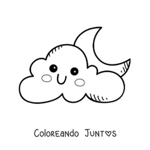 Imagen para colorear de nube kawaii animada y Luna