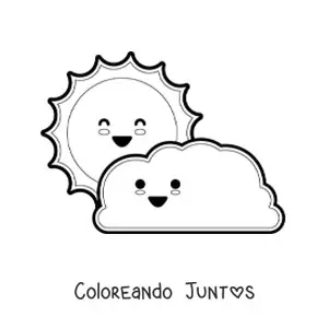 Imagen para colorear de nube kawaii animada y Sol