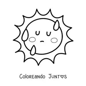 Imagen para colorear de Sol caluroso kawaii animado con gotas de sudor