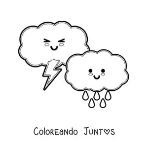 Imagen para colorear de nubes de lluvia y tormenta kawaii animadas