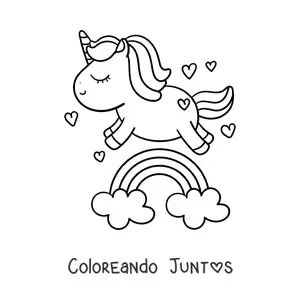 Imagen para colorear de arcoíris con unicornio kawaii y corazones