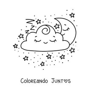 Imagen para colorear de nube kawaii durmiendo con Luna y estrellas