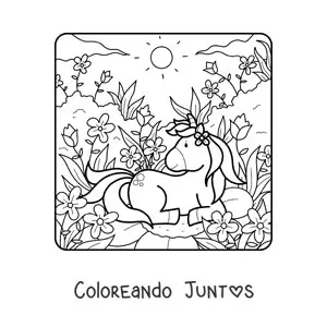 Imagen para colorear de unicornio kawaii en primavera
