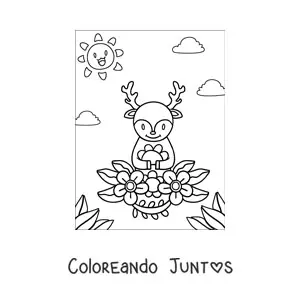 Imagen para colorear de ciervo kawaii en primavera