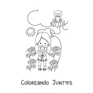 Imagen para colorear de niña kawaii en campo primaveral