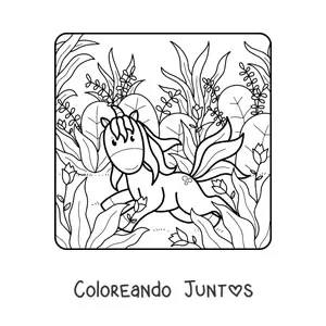 Imagen para colorear de unicornio animado en el campo