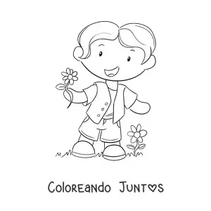 Imagen para colorear de niño animado con flores de primavera