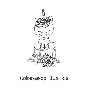 Imagen para colorear de unicornio kawaii con flores de primavera