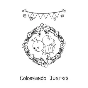 Imagen para colorear de abeja kawaii con flores de primavera