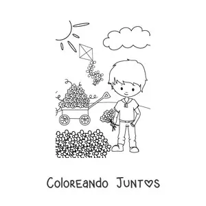 Imagen para colorear de niño kawaii en primavera con flores
