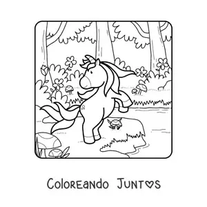 Imagen para colorear de unicornio en primavera en el bosque