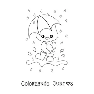 Imagen para colorear de pollito kawaii bajo la lluvia de primavera