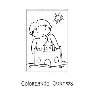 Imagen para colorear de niño kawaii con castillo de arena en verano