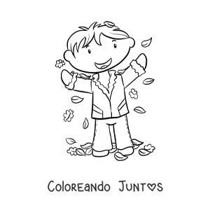 Imagen para colorear de niño kawaii jugando con hojas de otoño