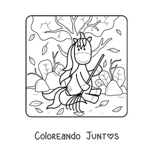 Imagen para colorear de unicornio barriendo hojas de otoño