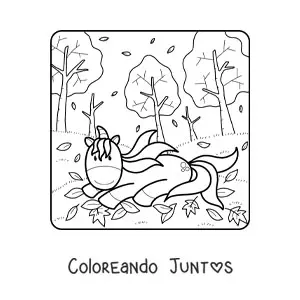 Imagen para colorear de unicornio entre hojas de otoño