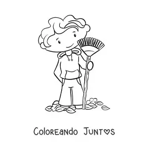 Imagen para colorear de niño barriendo hojas de otoño