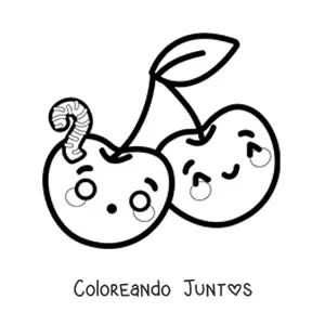 Imagen para colorear de dos cerezas kawaii con gusano
