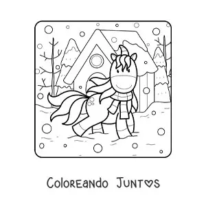 Imagen para colorear de unicornio de paseo en invierno