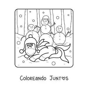 Imagen para colorear de unicornio con muñecos de nieve