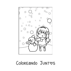 Imagen para colorear de niña kawaii en nevada con muñeco de nieve