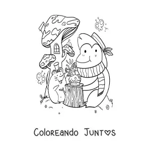 Imagen para colorear de rana y ratón animados kawaii en una fiesta