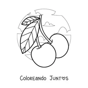 Imagen para colorear de dos cerezas con nubes de fondo