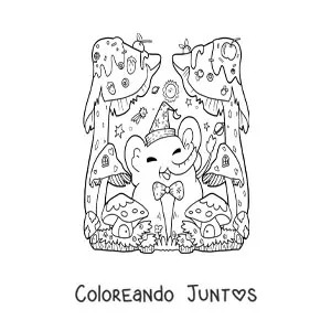 Imagen para colorear de elefante kawaii animado con hongos de fantasía