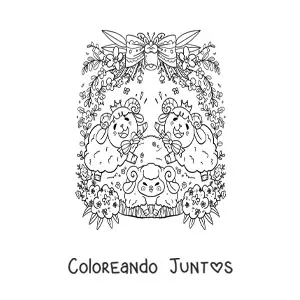 Imagen para colorear de carneros kawaii animados con flores