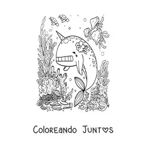 Imagen para colorear de narval kawaii animado en el mar