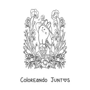 Imagen para colorear de conejito kawaii animado cosechando naranjas
