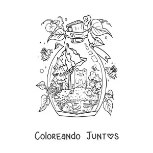 Imagen para colorear de osito kawaii animado en un bosque mágico dentro de una botella