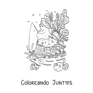 Imagen para colorear de oso kawaii animado sentado frente al lago