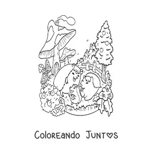Imagen para colorear de puercoespines kawaii animados en un jardín mágico