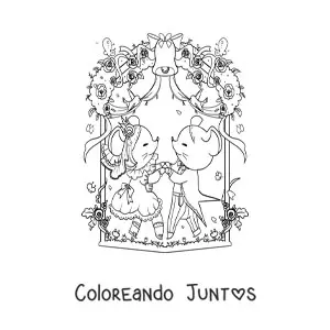 Imagen para colorear de ratones kawaii animados bailando el vals