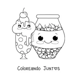 Imagen para colorear de un helado kawaii con una cereza  y un frasco de cerezas al lado