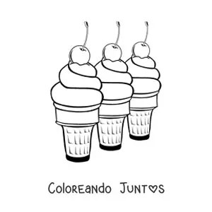 Imagen para colorear de tres helados en fila con cerezas