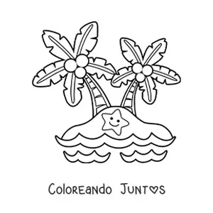 Imagen para colorear de isla kawaii con palmeras