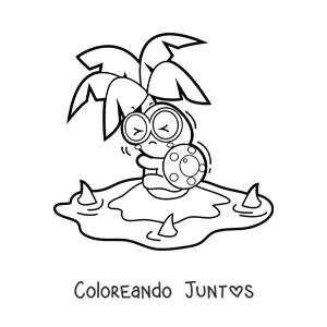 Imagen para colorear de tortuga kawaii en una isla con tiburones