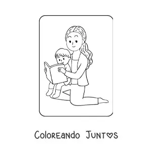 Imagen para colorear de niño kawaii leyendo con su mamá en el Día de las Madres