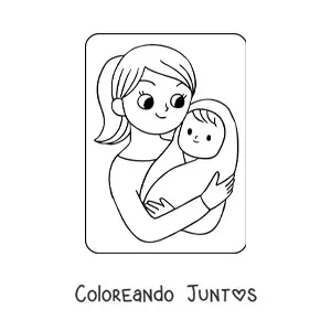 Imagen para colorear de bebé kawaii en brazos de su mamá en el Día de las Madres