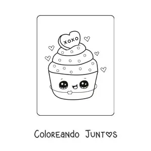 Imagen para colorear de cupcake kawaii de San Valentín