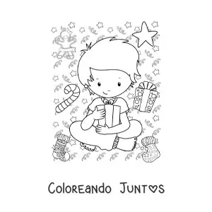 Imagen para colorear de niño con regalo de Año Nuevo