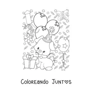 Imagen para colorear de perro animado con globos de Año Nuevo