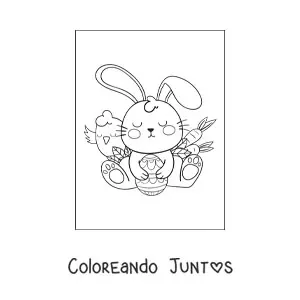 Imagen para colorear de conejo kawaii con huevos de Pascua y zanahorias