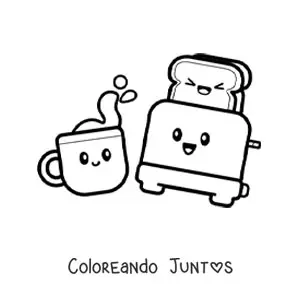 Imagen para colorear de desayuno de café y tostada kawaii animada