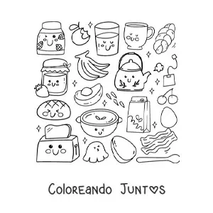 Imagen para colorear de alimentos del desayuno kawaii animados