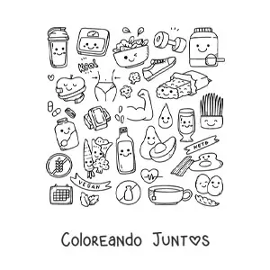 Imagen para colorear de alimentos saludables kawaii animados