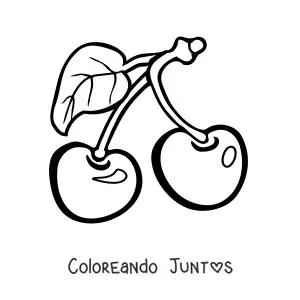 Imagen para colorear de dos cerezas con una hoja